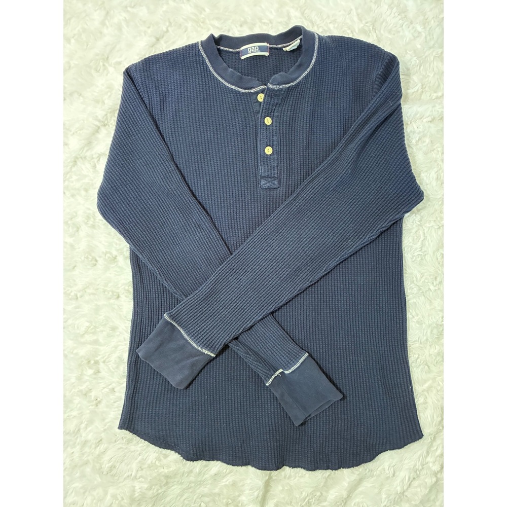 Gap Mens Navy Blue Waffle Knit Henley Long Sleeve Thermal Shirt Large Cotton